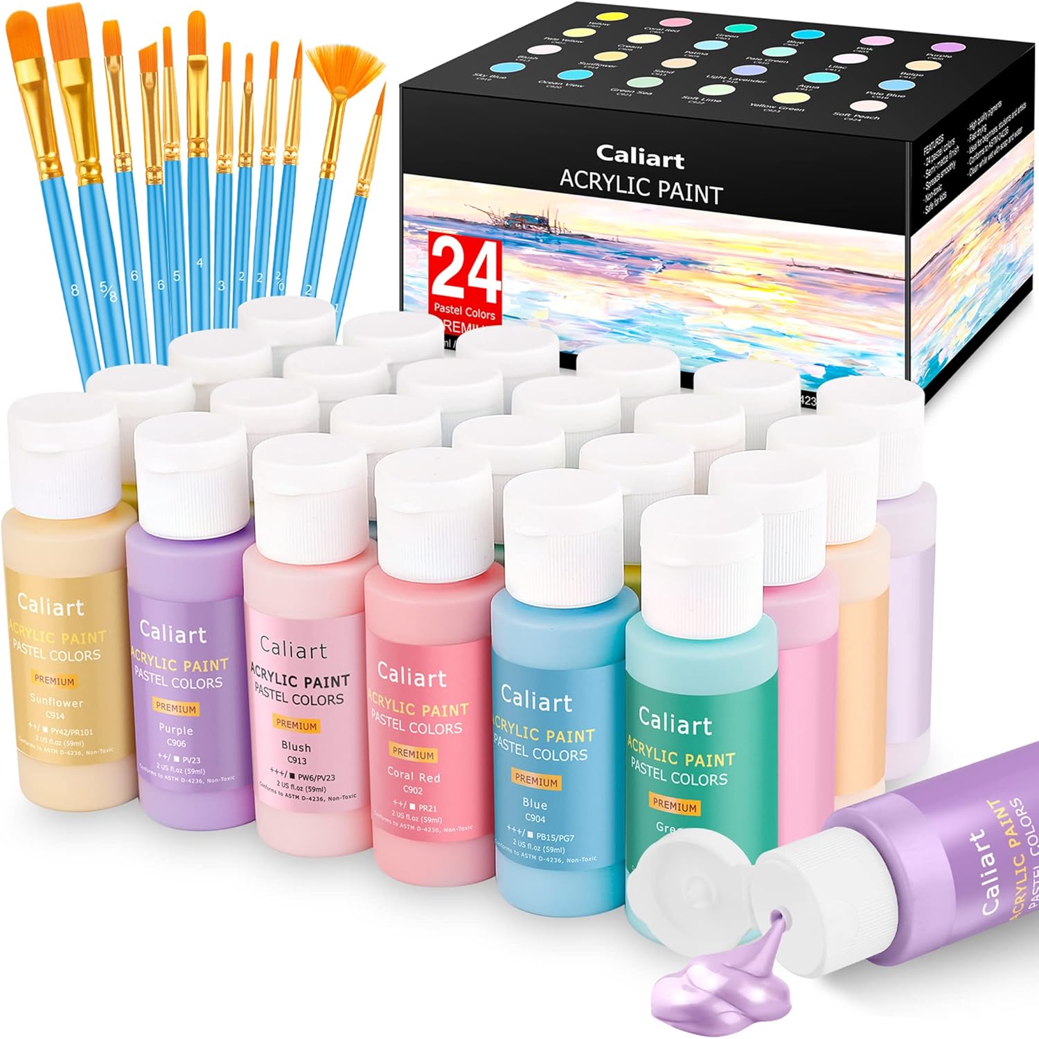 Acrylic Paint Set With 12 Brushes, 24 Colors (59ml, 2oz) Art Craft Paints for Adults