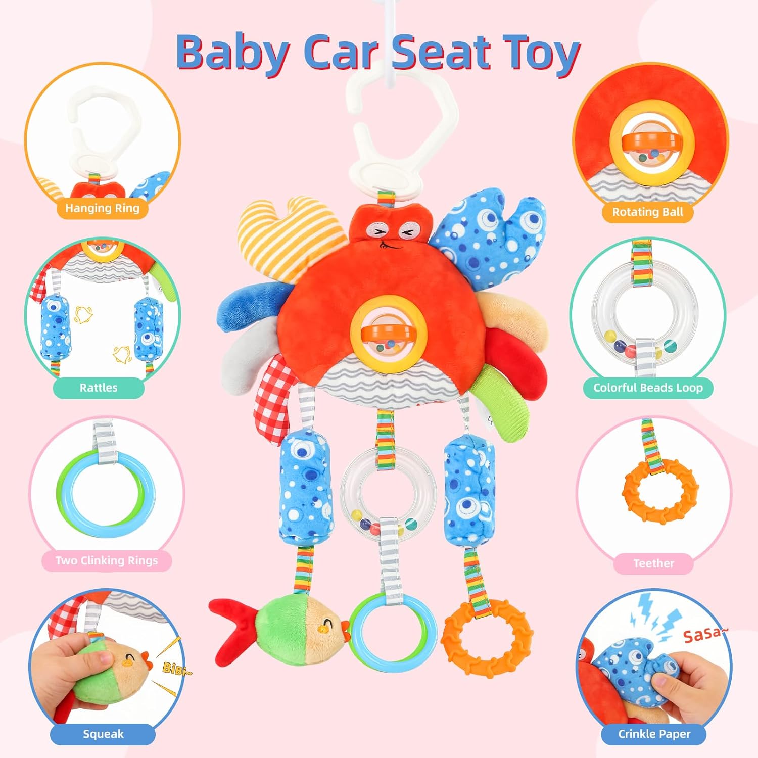Baby Car Seat Toys with Clip - Travel Sensory Toys for 6 7 8 9 10 11 12 Months - Image 4