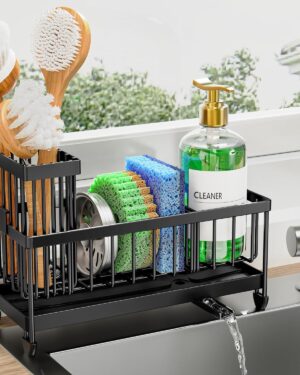 Cisily Sponge Holder for Kitchen Sink, Sink Caddy Organizer with High Brush Holder