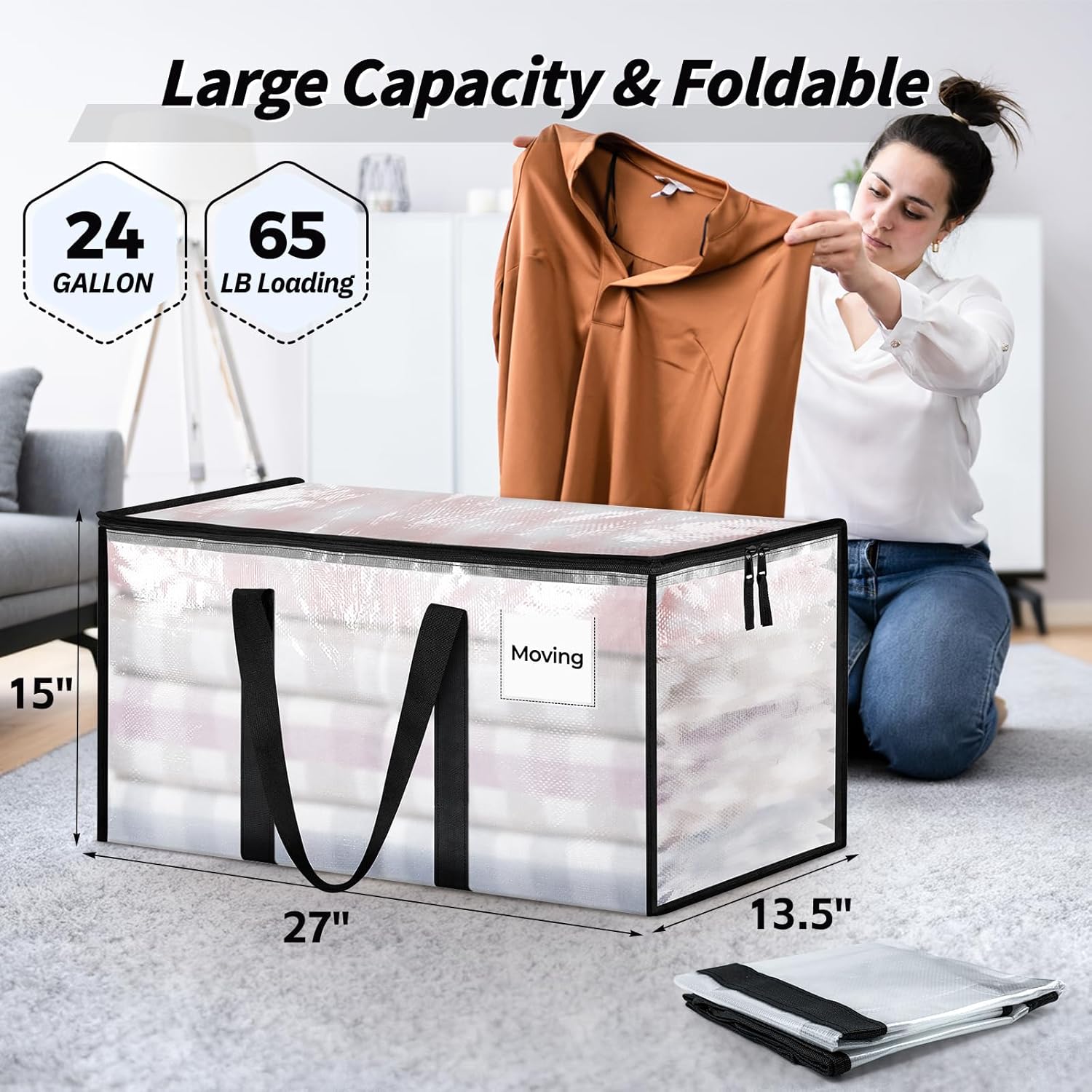 8 Pack Extra Large Heavy Duty Moving Bags, Clear Storage Bins with Lids - Image 2