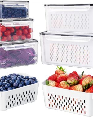 5 PCS Large Fruit Containers for Fridge - Leakproof Food Storage Containers with Removable Colander